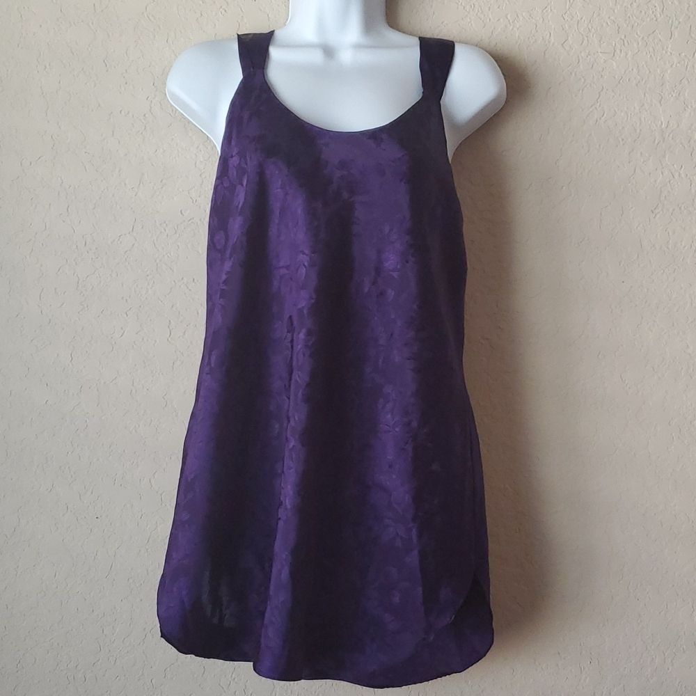Vintage Violets & Roses Purple Satin Jacquard Slip Nightgown Floral Chemise Sz S